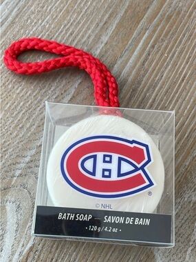 NHL White Bath Soap with Red Logo and Red Hanging Cord